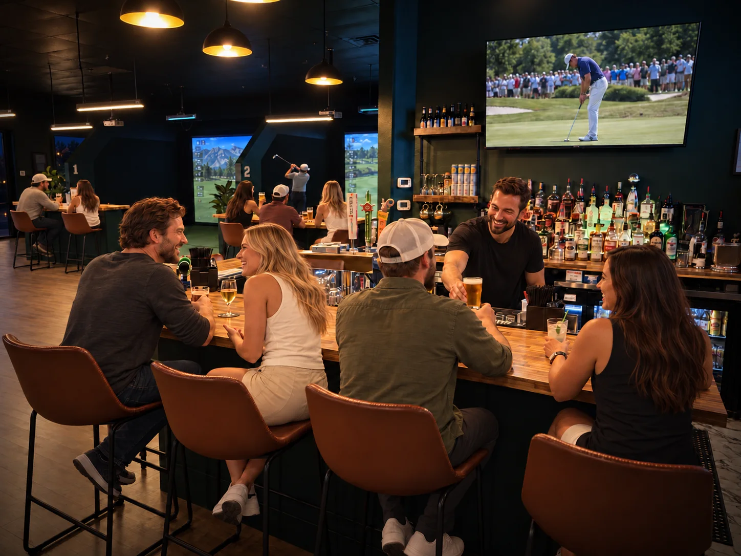 Clubhouse bar and seating with indoor golf bays in the background