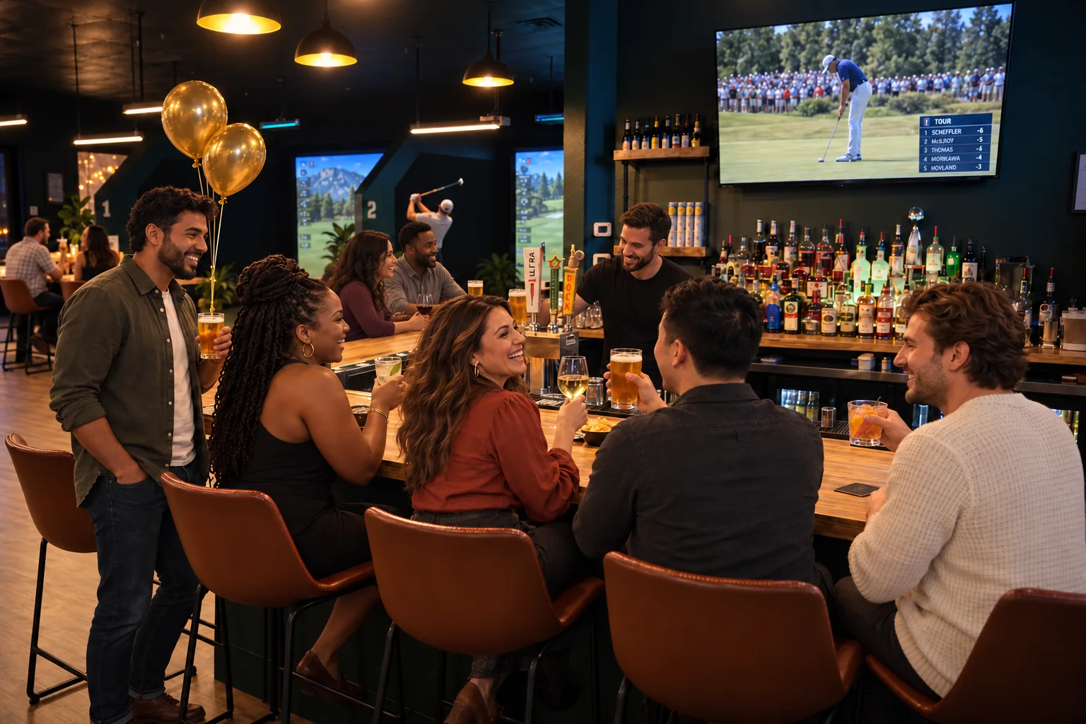 Friends celebrating with drinks at the clubhouse bar, with gold balloons and golf bays behind them