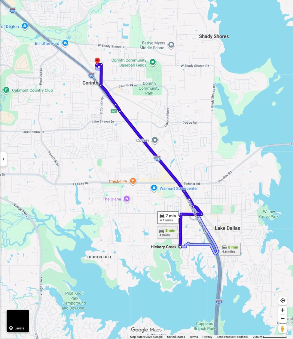 Google Maps example driving route from Hickory Creek, Texas to Texas Golf Social at 1402 N Corinth St, Suite 109, Corinth, with the route line highlighted.