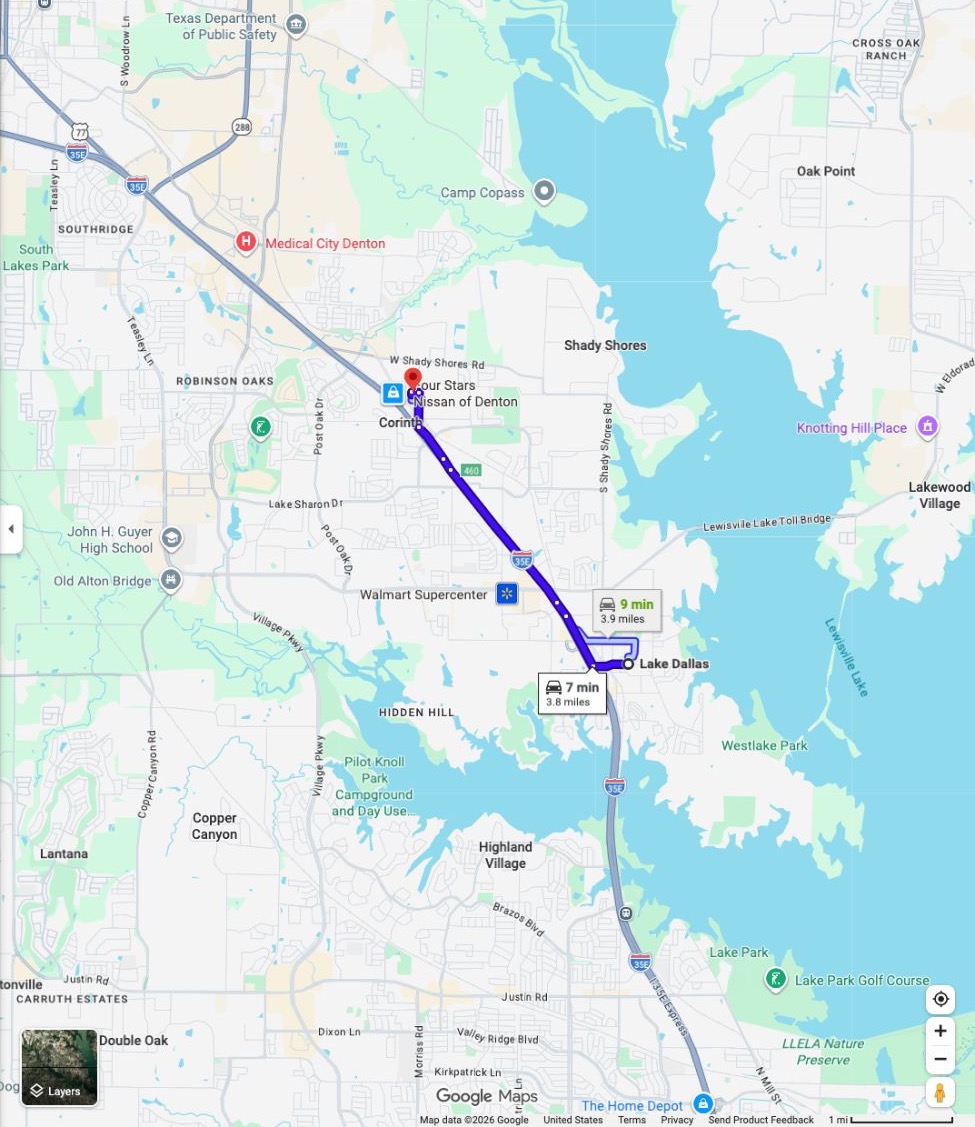 Google Maps example driving route from Lake Dallas, Texas to Texas Golf Social at 1402 N Corinth St, Suite 109, Corinth, with the route line highlighted.