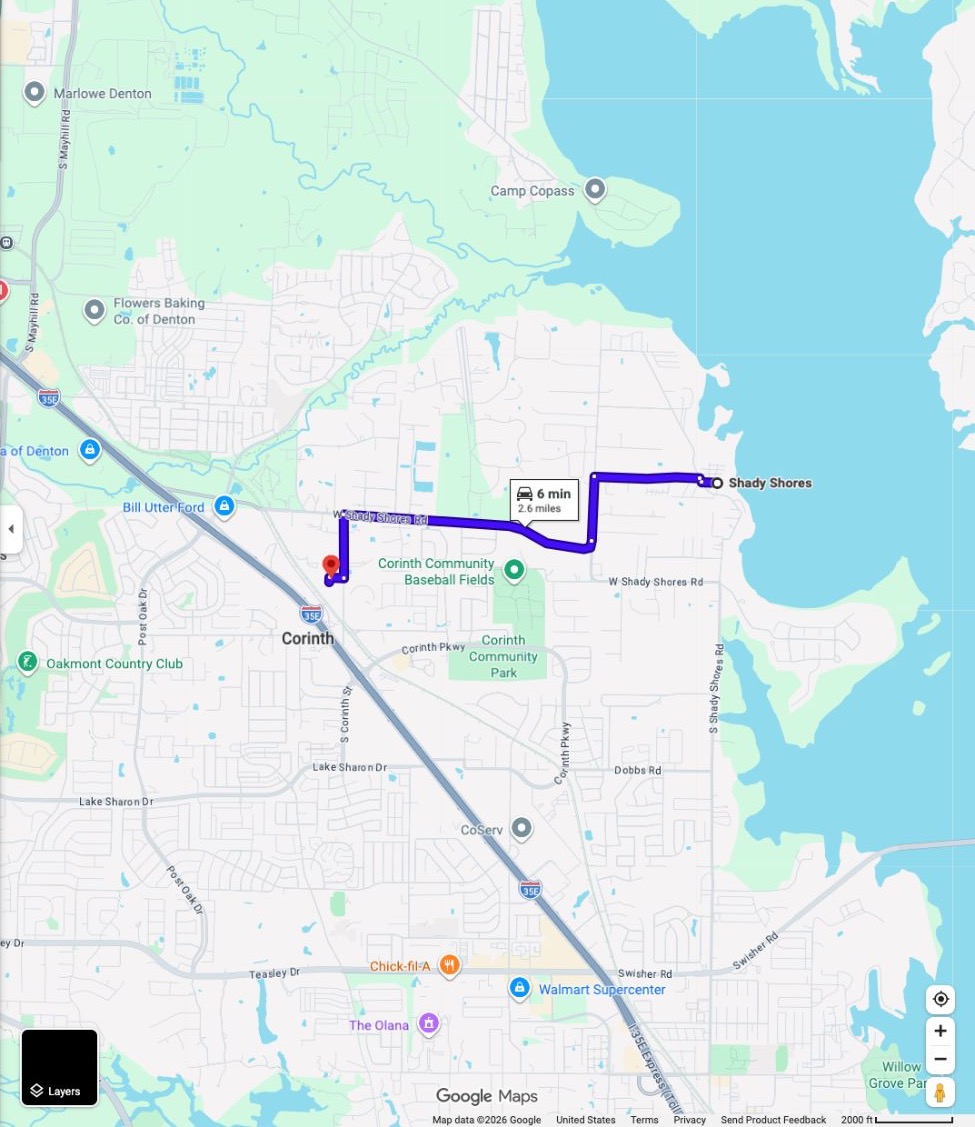 Google Maps example driving route from Shady Shores, Texas to Texas Golf Social at 1402 N Corinth St, Suite 109, Corinth, with the route line highlighted.
